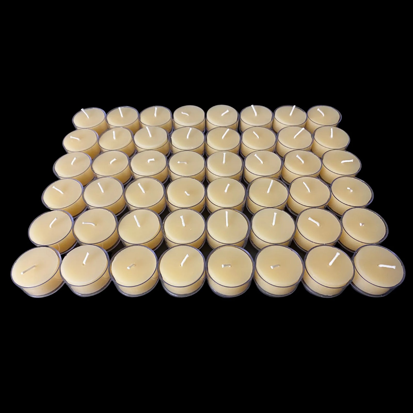 Cream-colored cappings beeswax candles in clear cups, set of 48, hand poured cotton wick