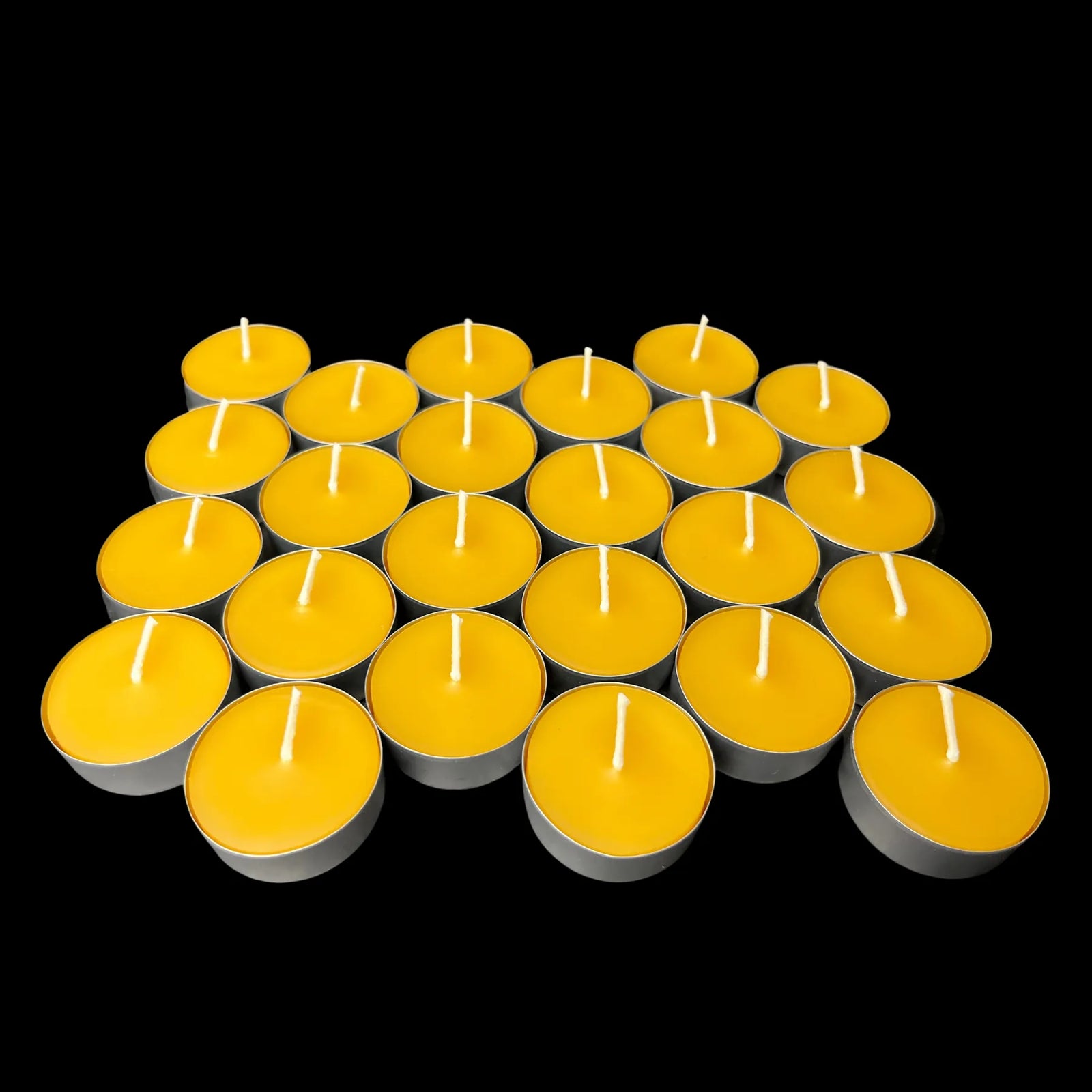 Amber yellow beeswax tea lights in aluminum cups, set of 24, honey scent, 1.48" wide