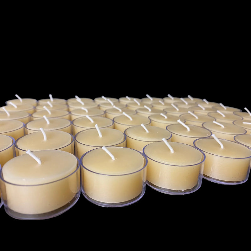 Raw cappings beeswax tea lights in clear cups, set of 96, long burning 100% beeswax