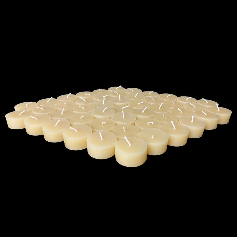 Natural cappings beeswax tea lights in a thin low spread, long burning cotton wick