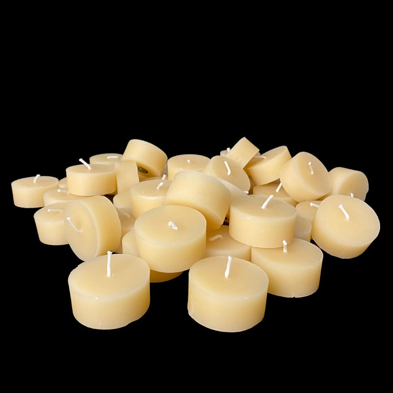Cappings beeswax tea light refills clustered low, honey aroma, bulk supply