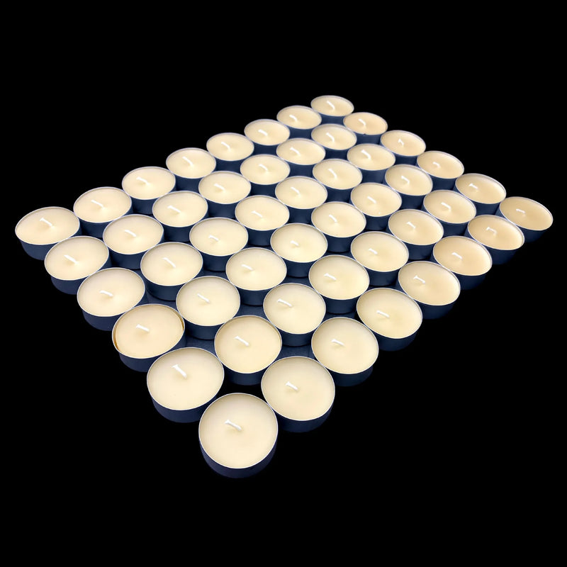 Large grid of cappings beeswax tea lights in aluminum cups, honey scent, 1.48 in
