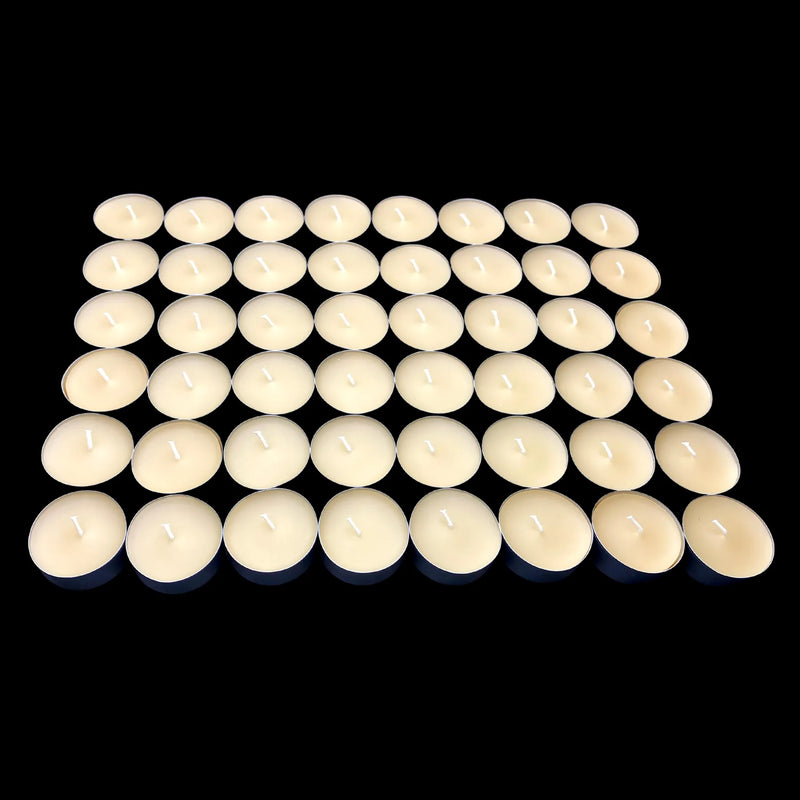Natural beeswax cappings tea lights in aluminum cups in neat rows, 1.48" wide