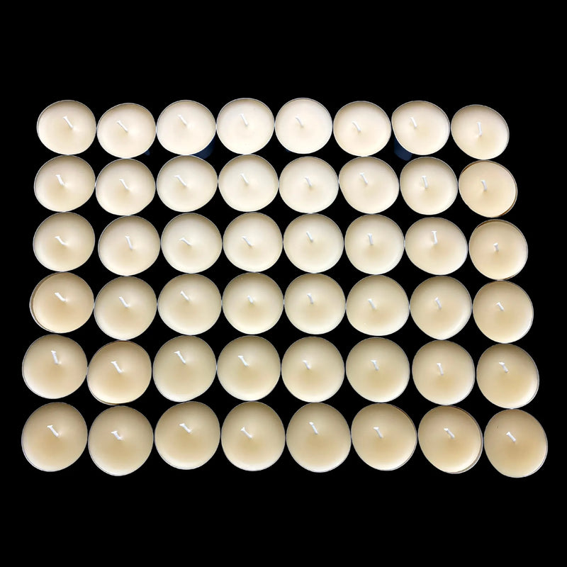 Wide spread of cappings beeswax tea lights in aluminum cups, hand poured cotton wick