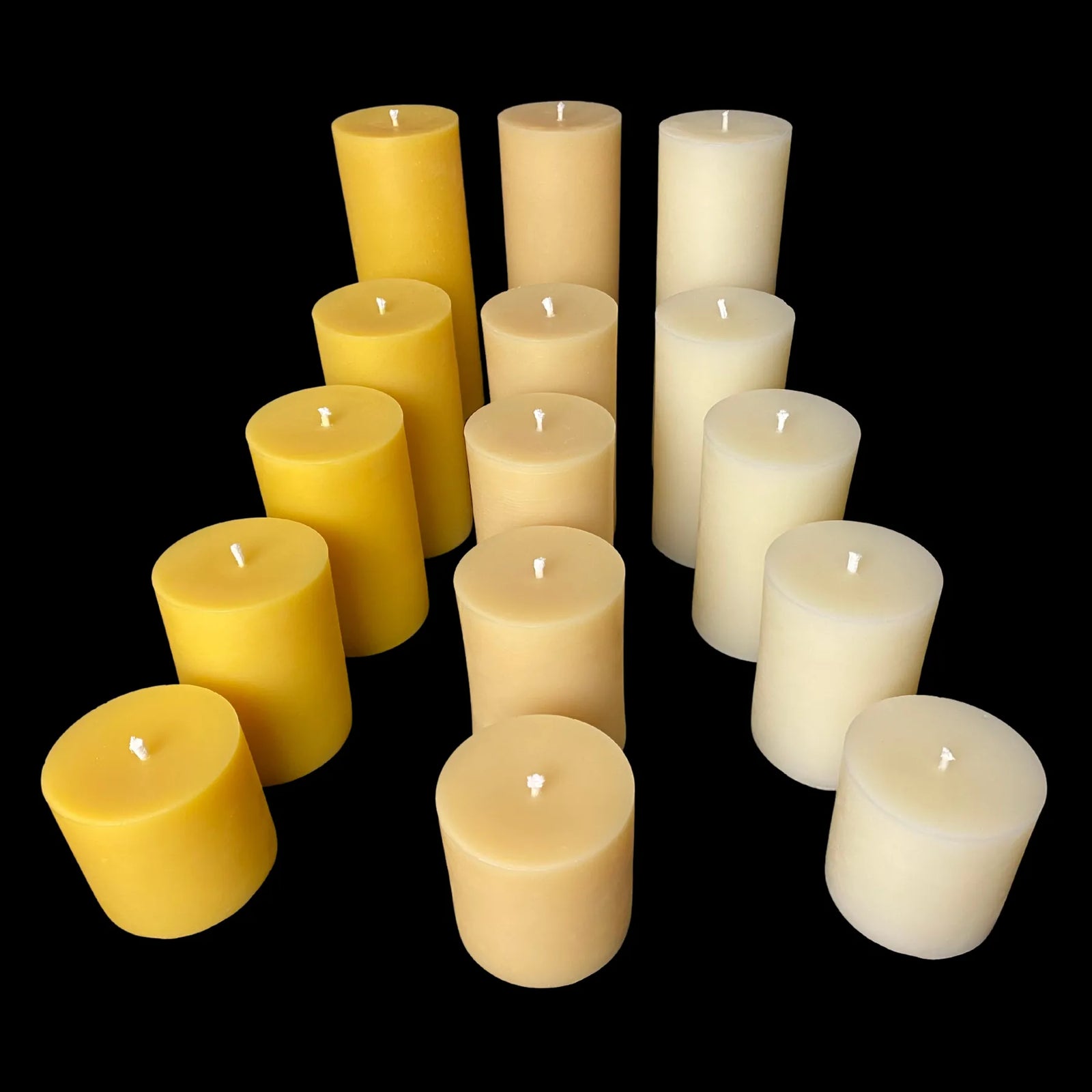 Handcrafted 3 in. diameter pillar candles in 3 natural shades of beeswax made for eco-consious living.