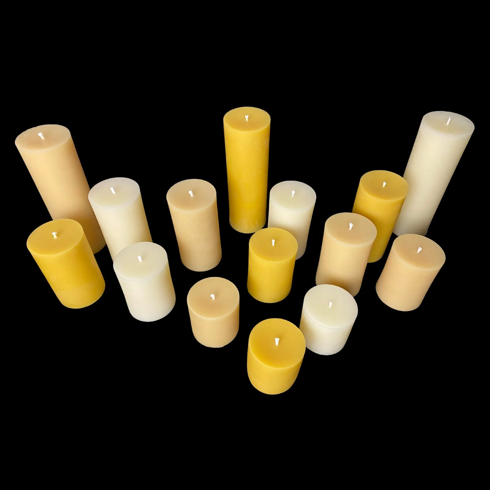 Mixed beeswax pillar candle bundle in earthy tones, 3 in wide, great for gifting or event styling.