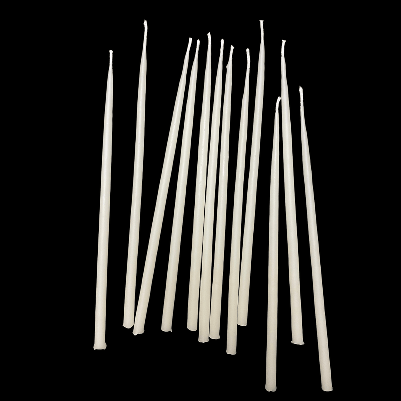 White beeswax birthday candles 6" thin tapers standing upright unscented