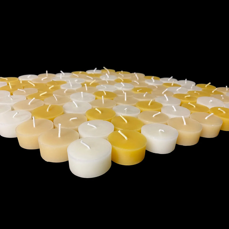 Wide bulk spread of natural beeswax tea lights in white and ivory, 1.43 in