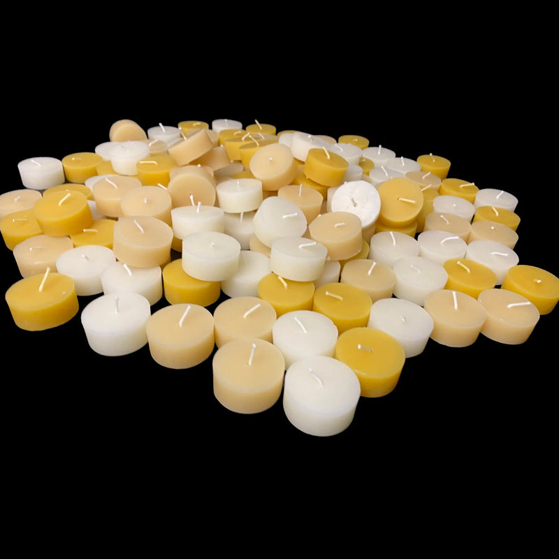 Three-tone white, yellow, and cappings beeswax tea lights, bulk set