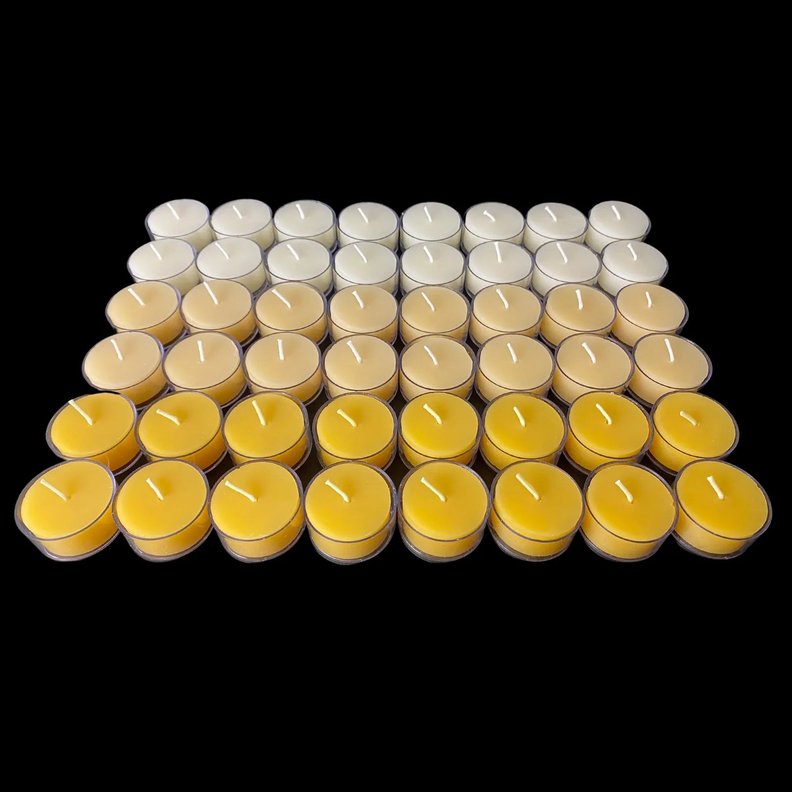 Variety of white, yellow and cappings beeswax tea lights in clear cups, set of 48