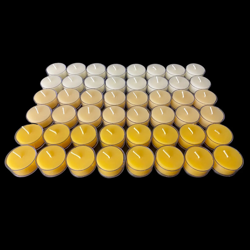 Variety of white, yellow and cappings beeswax tea lights in clear cups, set of 48