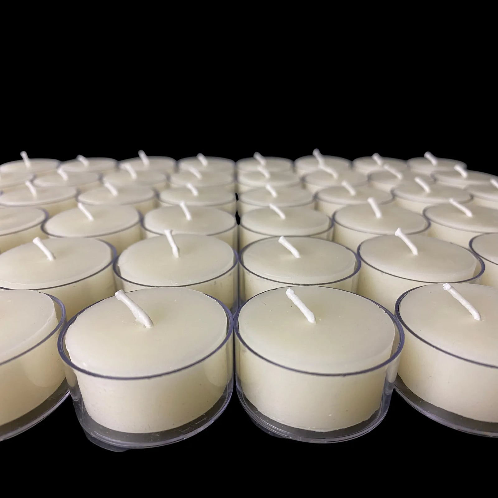 White beeswax tea lights in clear cups on black, set of 6, 100% beeswax