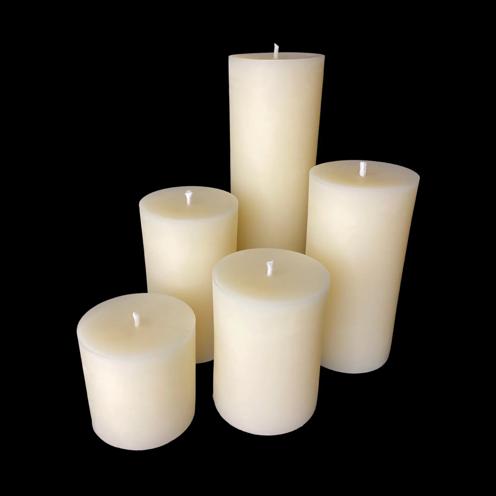 Set of 5 3-inch diameter white beeswax pillar candles, handmade eco-friendly decor for home, and gifts.