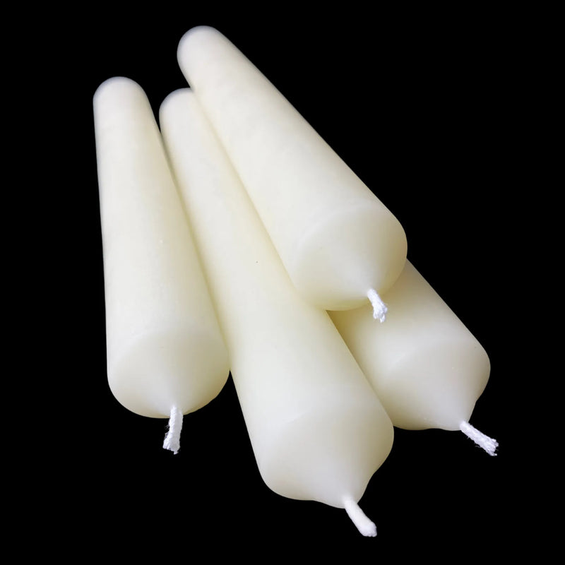 A bundle of white beeswax taper candles made in USA, 1 in thick