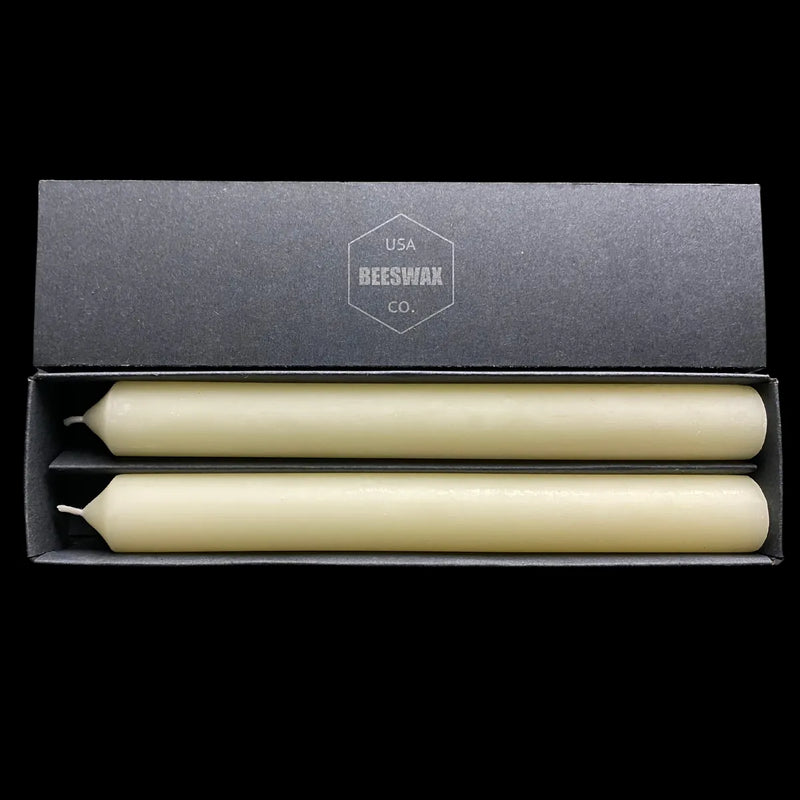 White beeswax taper candles nestled inside a slim gift box, 1 in diameter