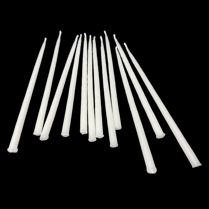 Pure white beeswax 6-inch skinny birthday taper candles with cotton wicks visible