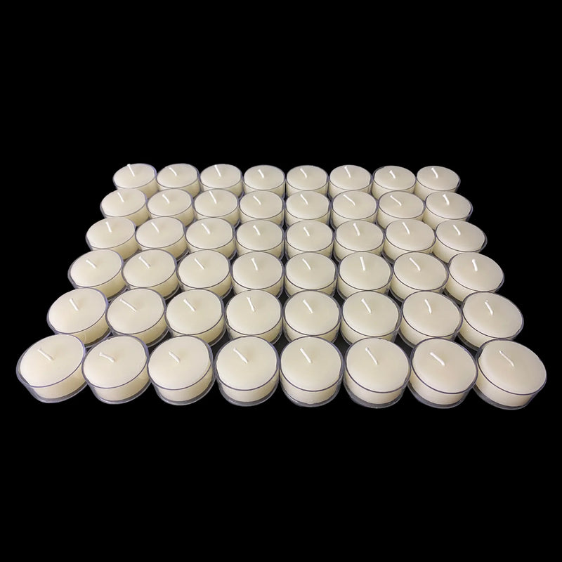 White beeswax tea lights in clear cups arranged in rows, set of 48, 1.54 inch