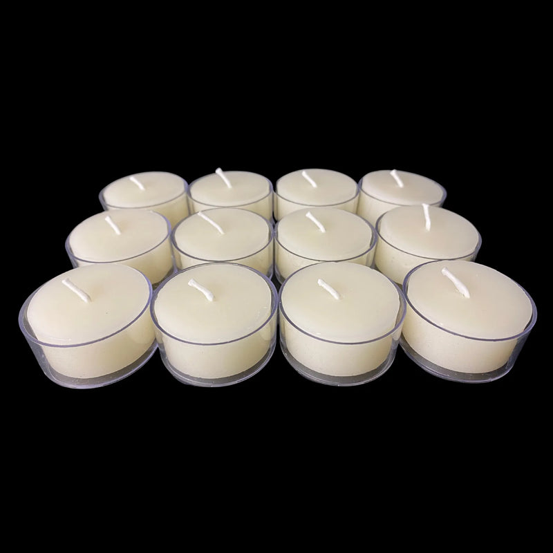 White beeswax tea lights in clear cups in a small grid, set of 12, cotton wick