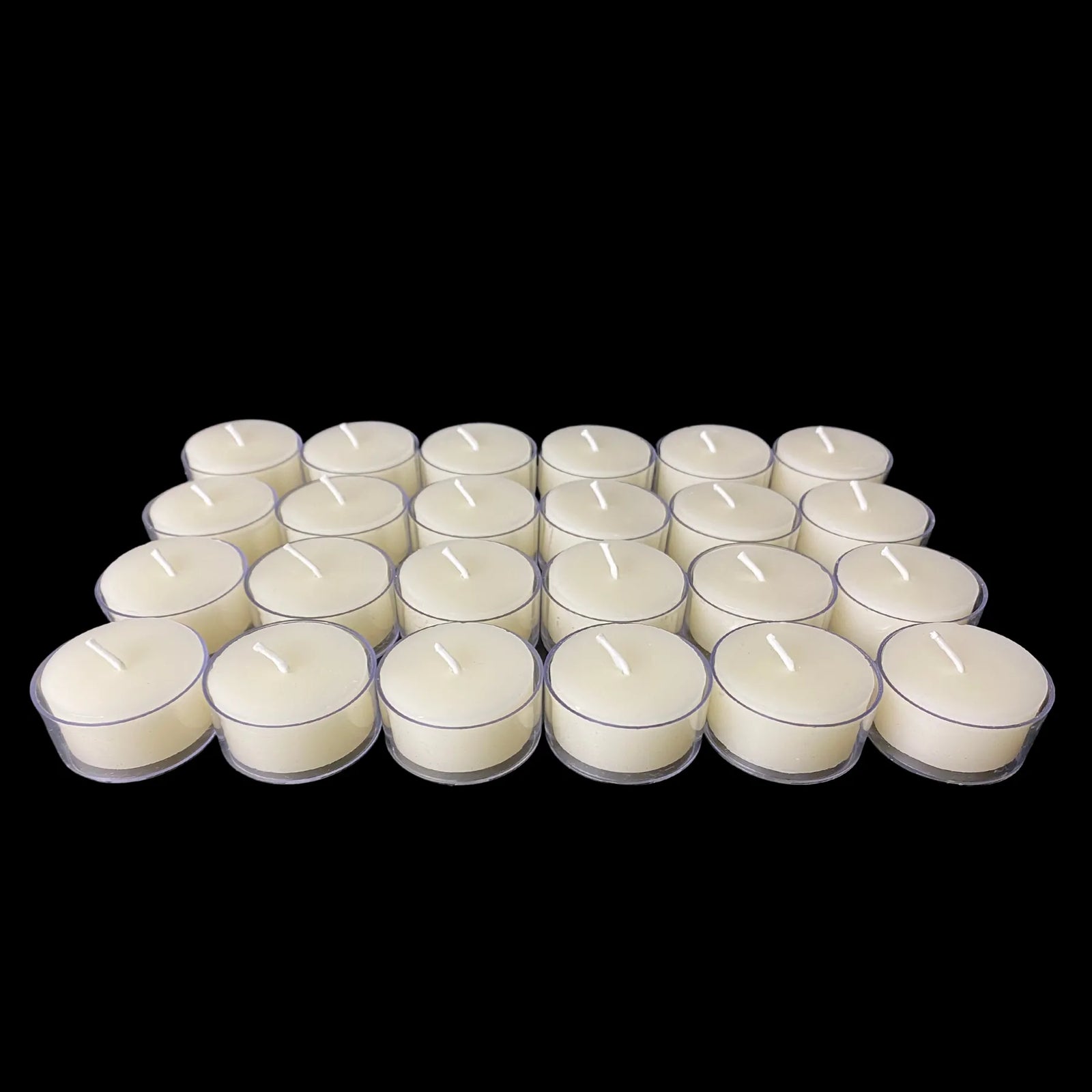 White beeswax tea lights in clear cups in a tidy grid, set of 24, 1.54" wide