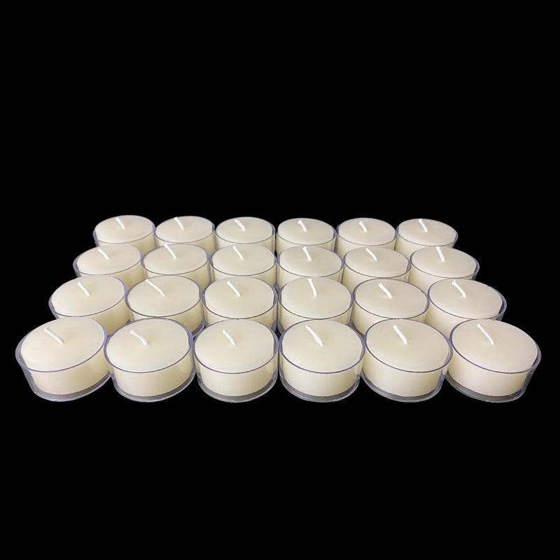 White beeswax tea lights in clear cups in a tidy grid, set of 24, 1.54" wide