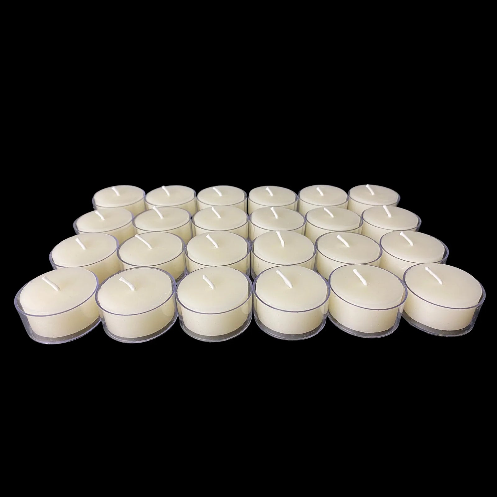 White beeswax tea lights in clear cups arranged in a grid, set of 24, 1.54 inch