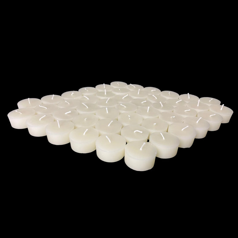White beeswax tea lights in a thin low spread, long burning cotton wick