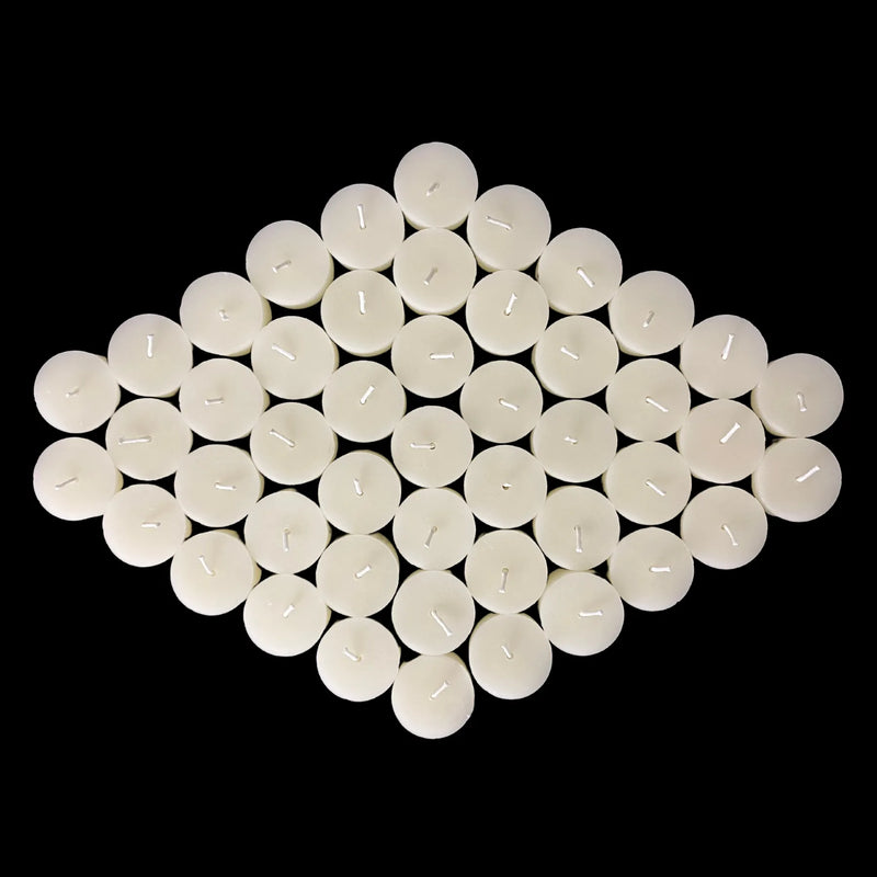 Set of 48 white beeswax tea lights arranged in a diamond, 1.43" wide