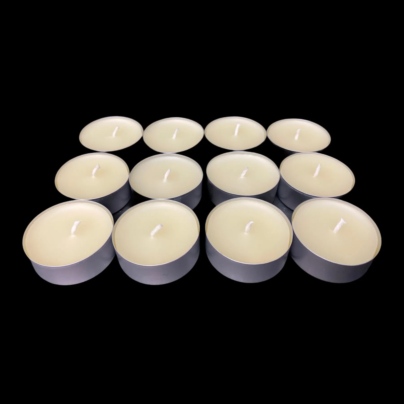 Clean white beeswax candles in aluminum cups, small group, soft honey scent, 1.48 in