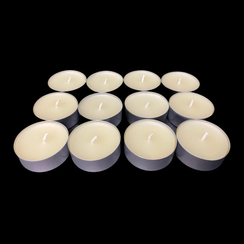 Clean white beeswax candles in aluminum cups, small group, soft honey scent, 1.48 in
