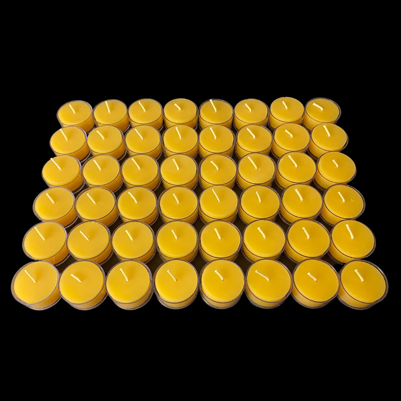 Yellow beeswax tea lights in clear cups arranged in rows, set of 48, pure beeswax