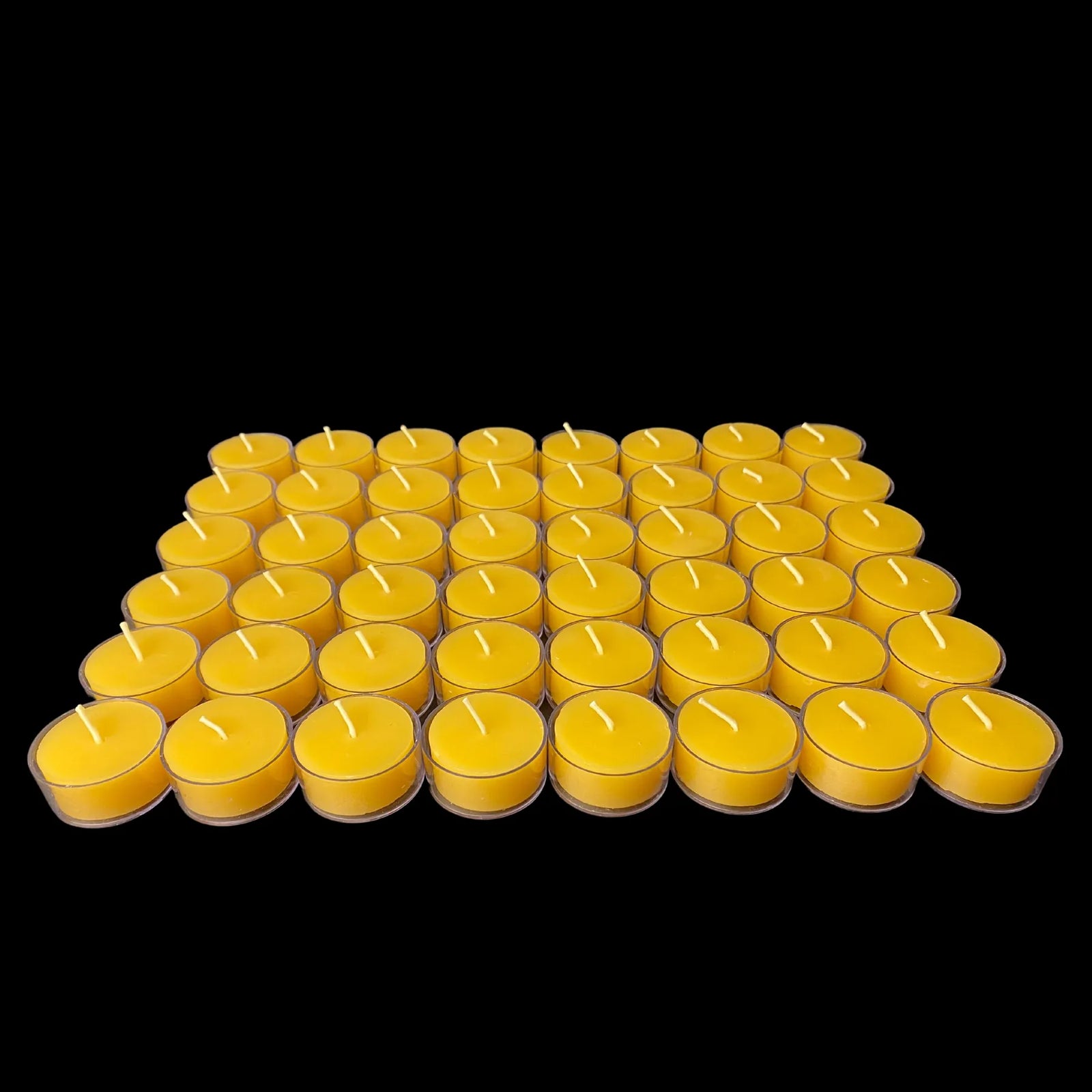 Sunny yellow beeswax candles in clear cups, set of 48, hand poured cotton wick