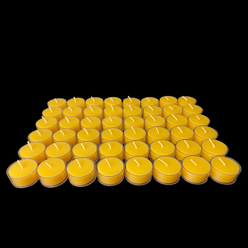 Sunny yellow beeswax candles in clear cups, set of 48, hand poured cotton wick