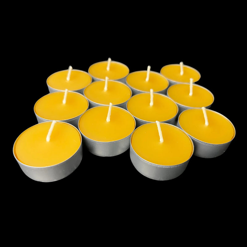 Warm yellow beeswax tea lights in aluminum cups, set of 12, cotton wick, 1.48 inch