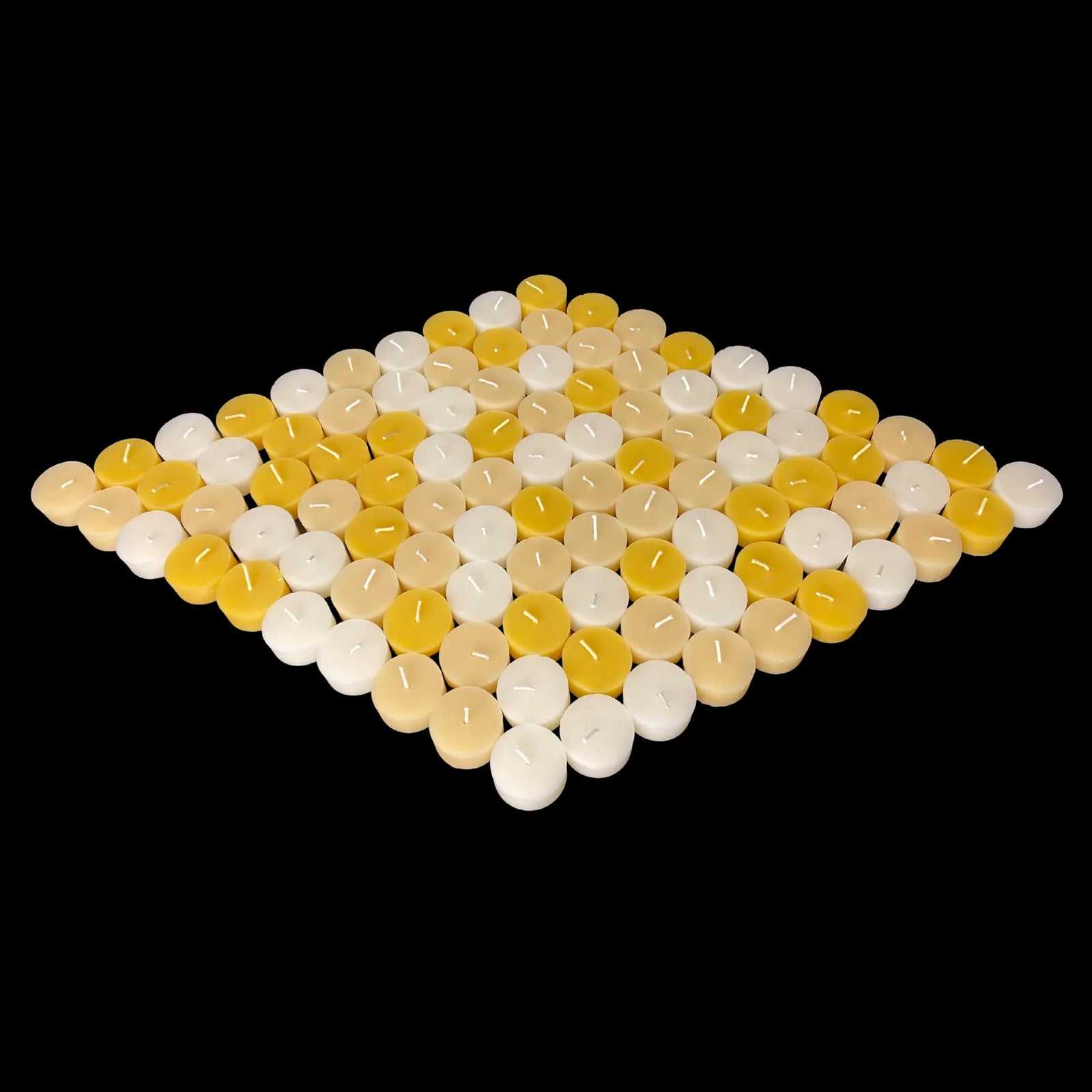 Yellow, white and cappings beeswax tea lights in a low diamond, party quantity, 1.4 in